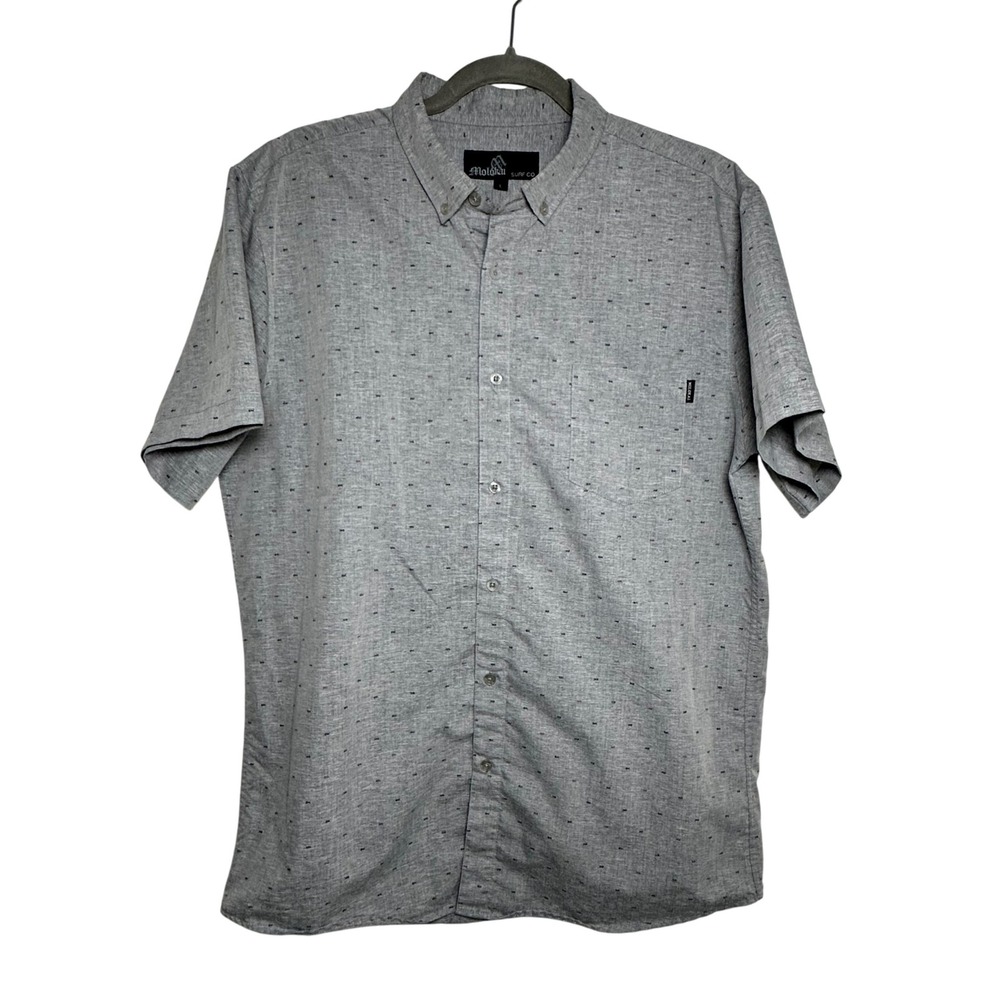Molokai Surf Co Mens Gray Short Sleeve Button Up Shirt Size L Fish Bone‎ Print